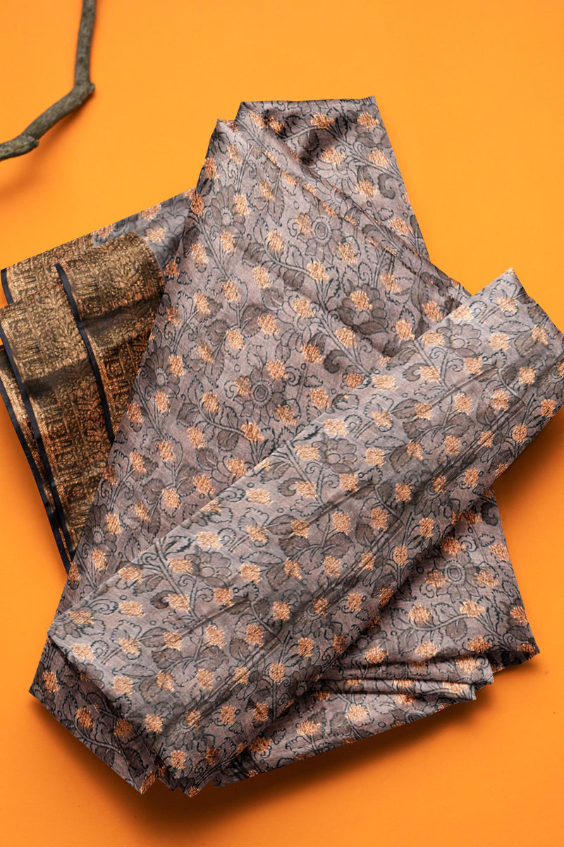 Light Brown Chanderi Silk Cotton Copper Woven and Printed Leaves Saree