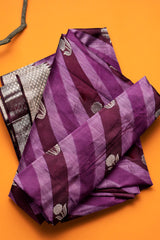 Violet Chanderi Silk Cotton Contrast Stripes Silver Border Saree