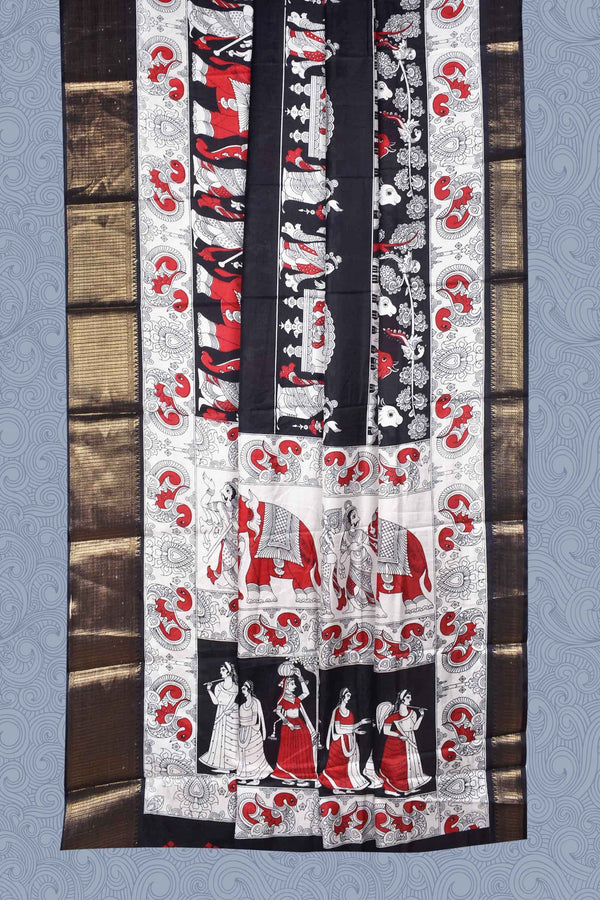 White-Black-Red  Semi Dola Royal Scenes Printed Saree