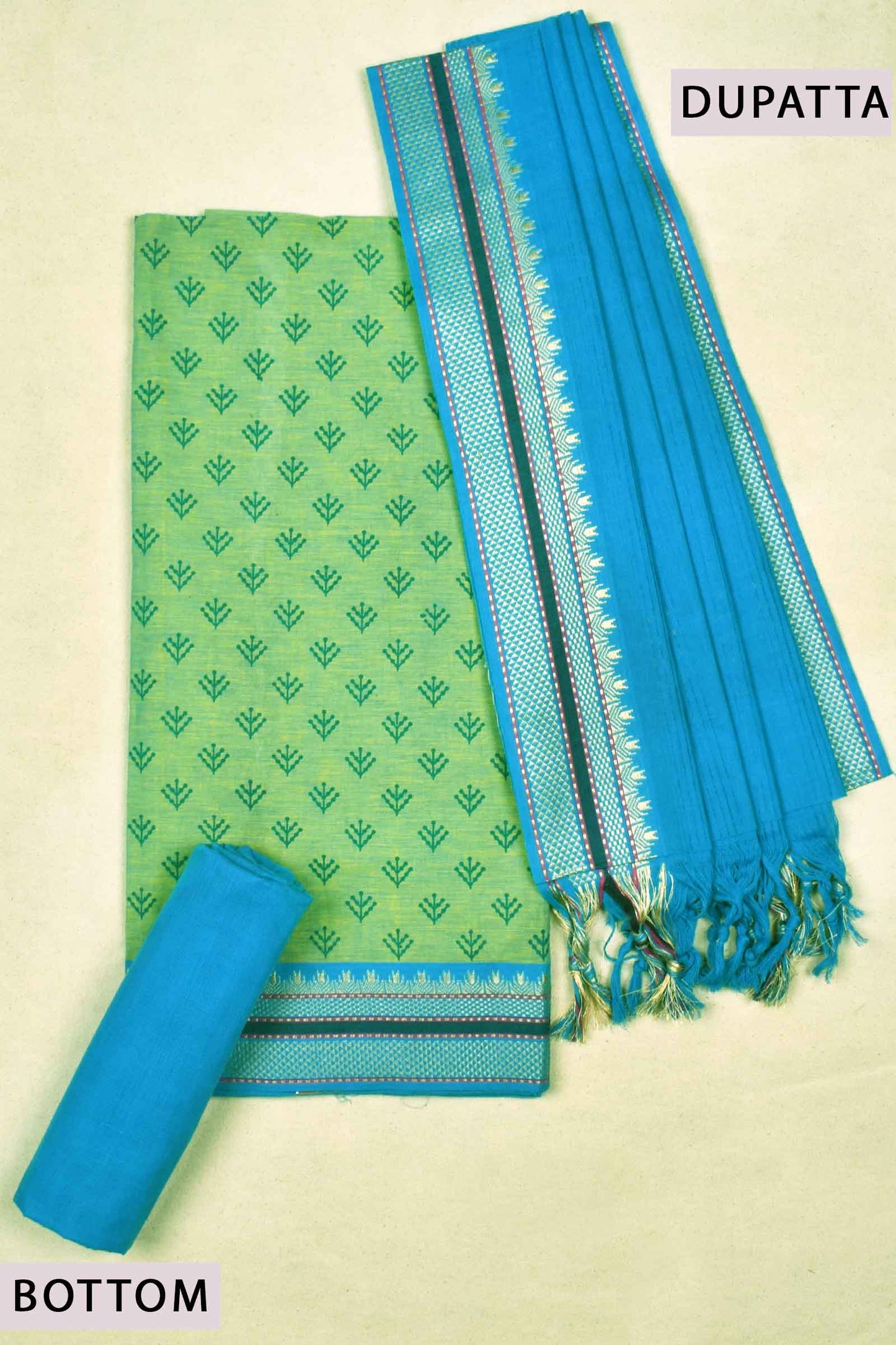 Light Green Mangalagiri Cotton Contrast Bottom Dupatta Chudithar Material Suit