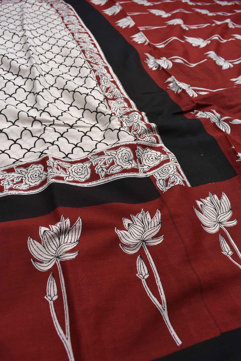 White With Black Jaipur Cotton Jaal Pattern with Water Lilies Border Saree