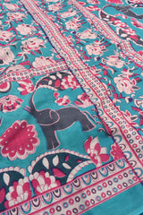 Blue Pure Jaipur Mul Mul Cotton Rose Garden Elephant Print Saree