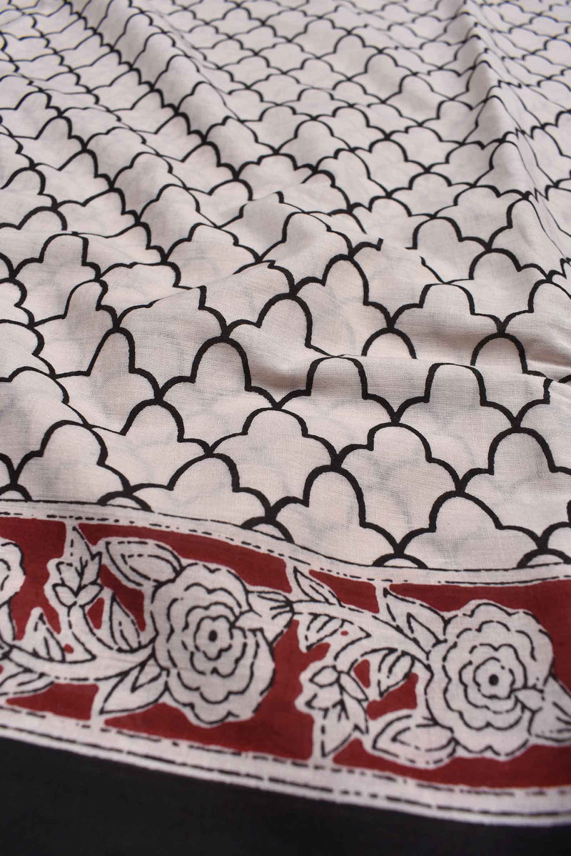 White With Black Jaipur Cotton Jaal Pattern with Water Lilies Border Saree