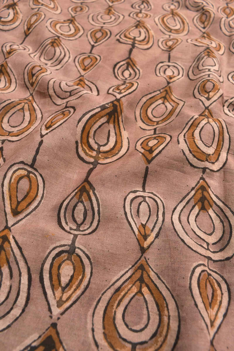 Light Brown Pure Jaipur Cotton Hand Block Raindrops Design Print Zig Zag Pallu Saree