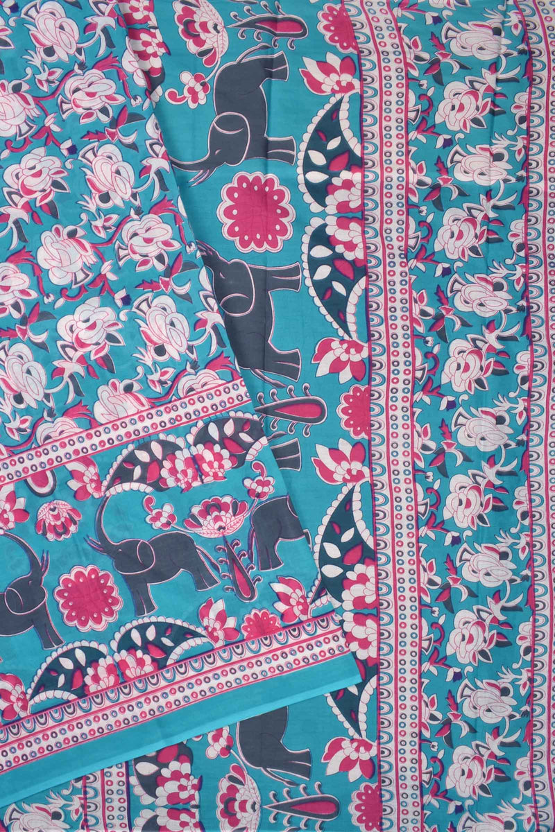 Blue Pure Jaipur Mul Mul Cotton Rose Garden Elephant Print Saree