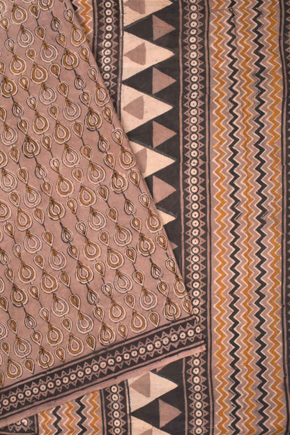 Light Brown Pure Jaipur Cotton Hand Block Raindrops Design Print Zig Zag Pallu Saree