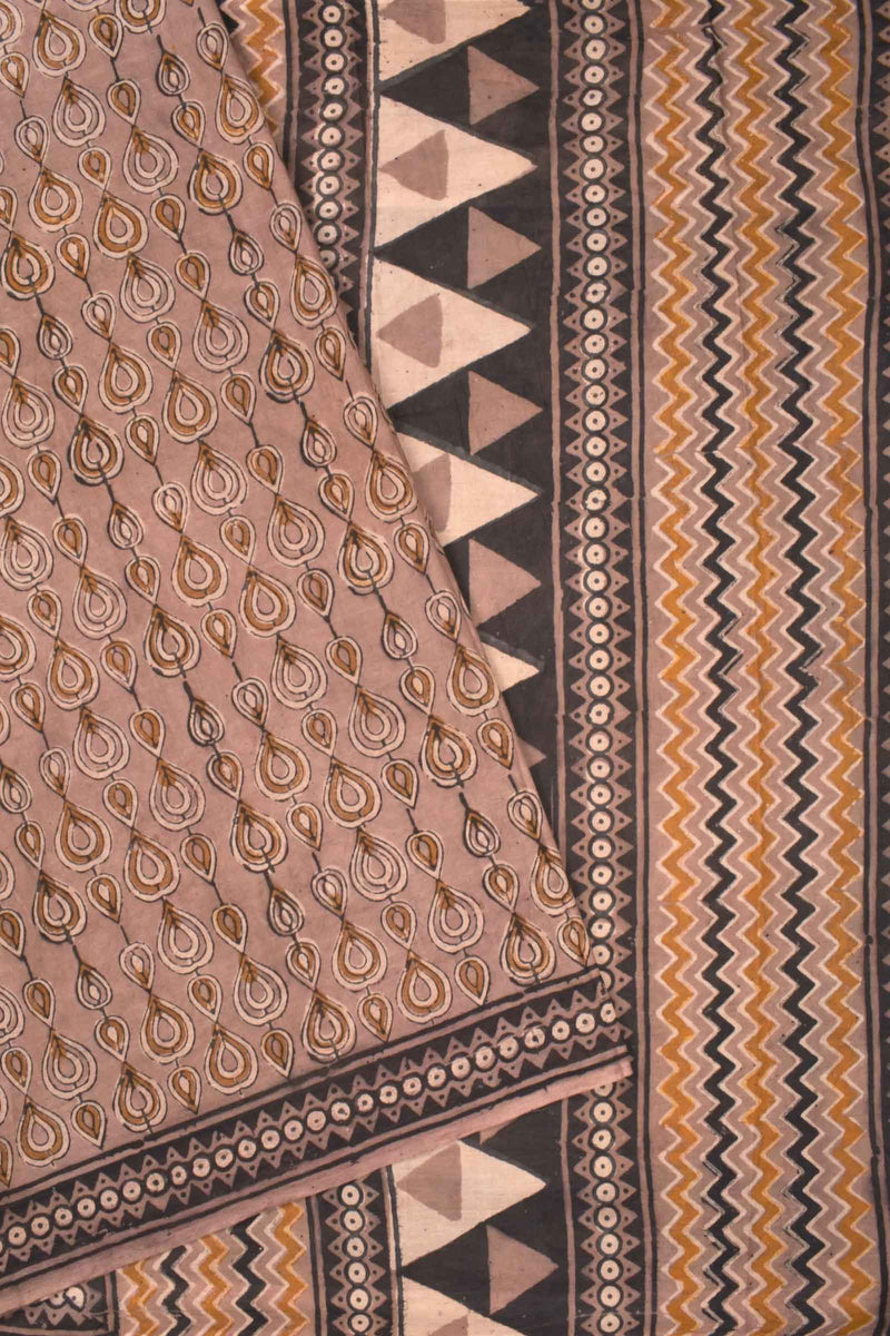 Light Brown Pure Jaipur Cotton Hand Block Raindrops Design Print Zig Zag Pallu Saree