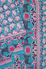 Blue Pure Jaipur Mul Mul Cotton Rose Garden Elephant Print Saree