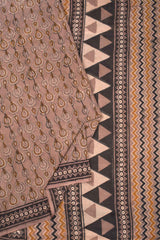 Light Brown Pure Jaipur Cotton Hand Block Raindrops Design Print Zig Zag Pallu Saree