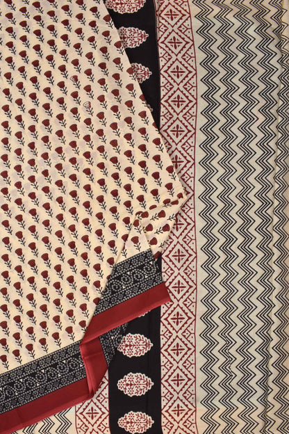 Sandal With Red Pure Jaipur Mul Mul Cotton Hand Block Rose Print Zig Zag Pallu Saree