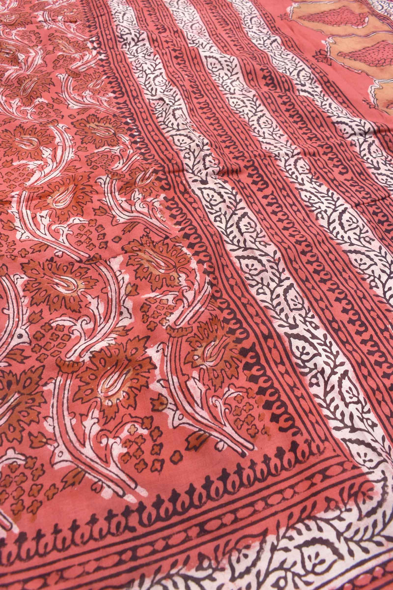 Dark Peach Pure Jaipur Cotton Floral Hand Block Print Ajrakh Pallu Saree