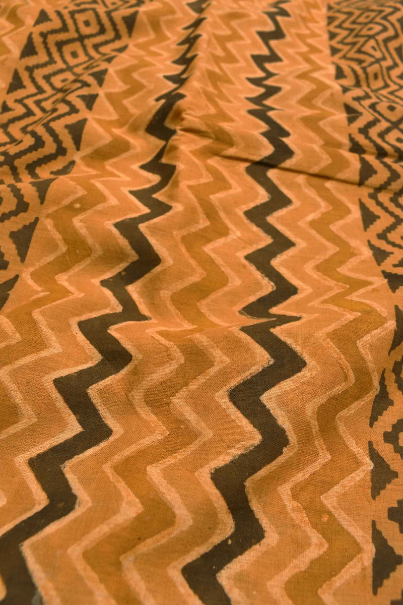 Light Brown Pure Jaipur Vanaspati Cotton Zig Zag Ajrakh Hand Block Print Saree