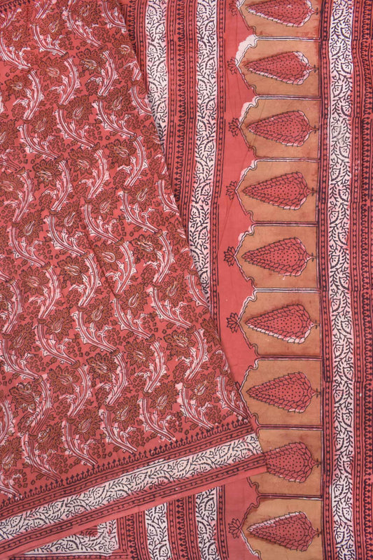 Dark Peach Pure Jaipur Cotton Floral Hand Block Print Ajrakh Pallu Saree