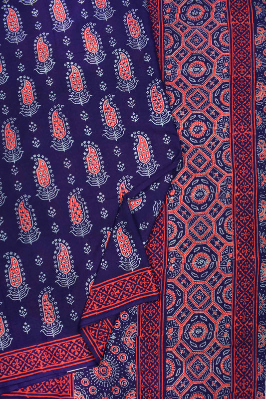 Dark blue Jaipur Vanaspati Cotton Hand Block Mango Printed Ajrakh Pallu Saree