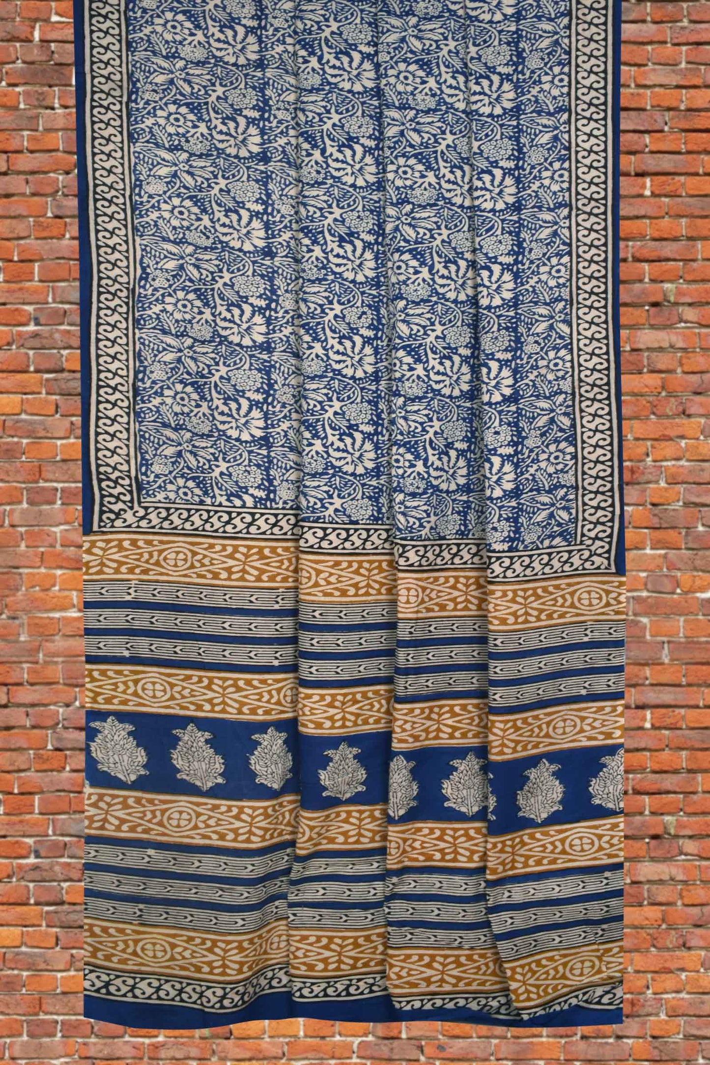 Blue Pure Jaipur Cotton All Over Flowers Hand Block Printed Saree