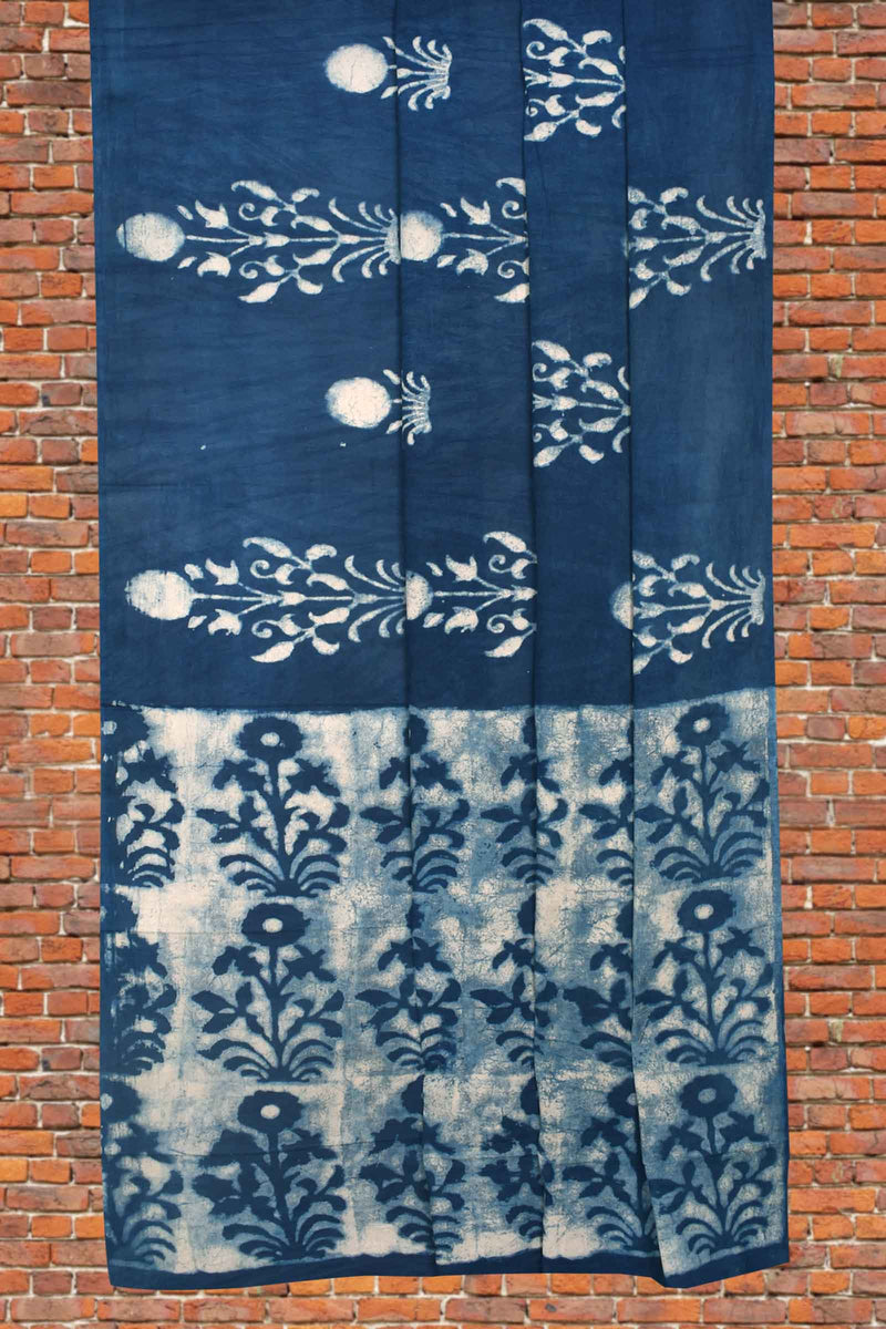 Indigo Blue With White Pure Jaipur Cotton Hand Block Flowers Printed  Saree