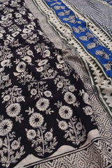 Black Cotton Hand Block Printed Night sky florals Design Digital Print Saree