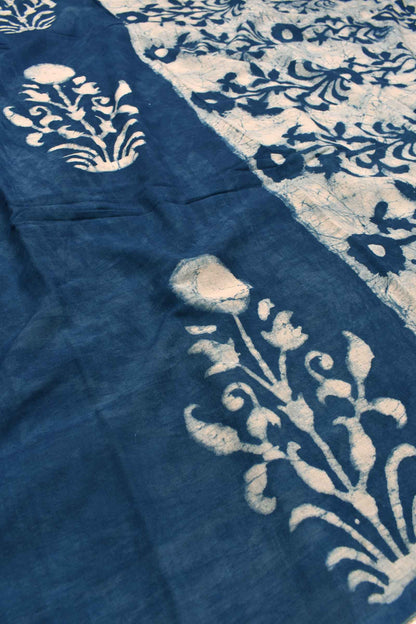 Indigo Blue With White Pure Jaipur Cotton Hand Block Flowers Printed  Saree