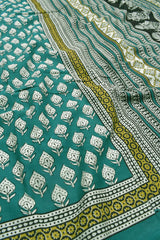 Green Pure Jaipur Cotton All Over Leaves Hand Block Print Flowers Pallu Saree