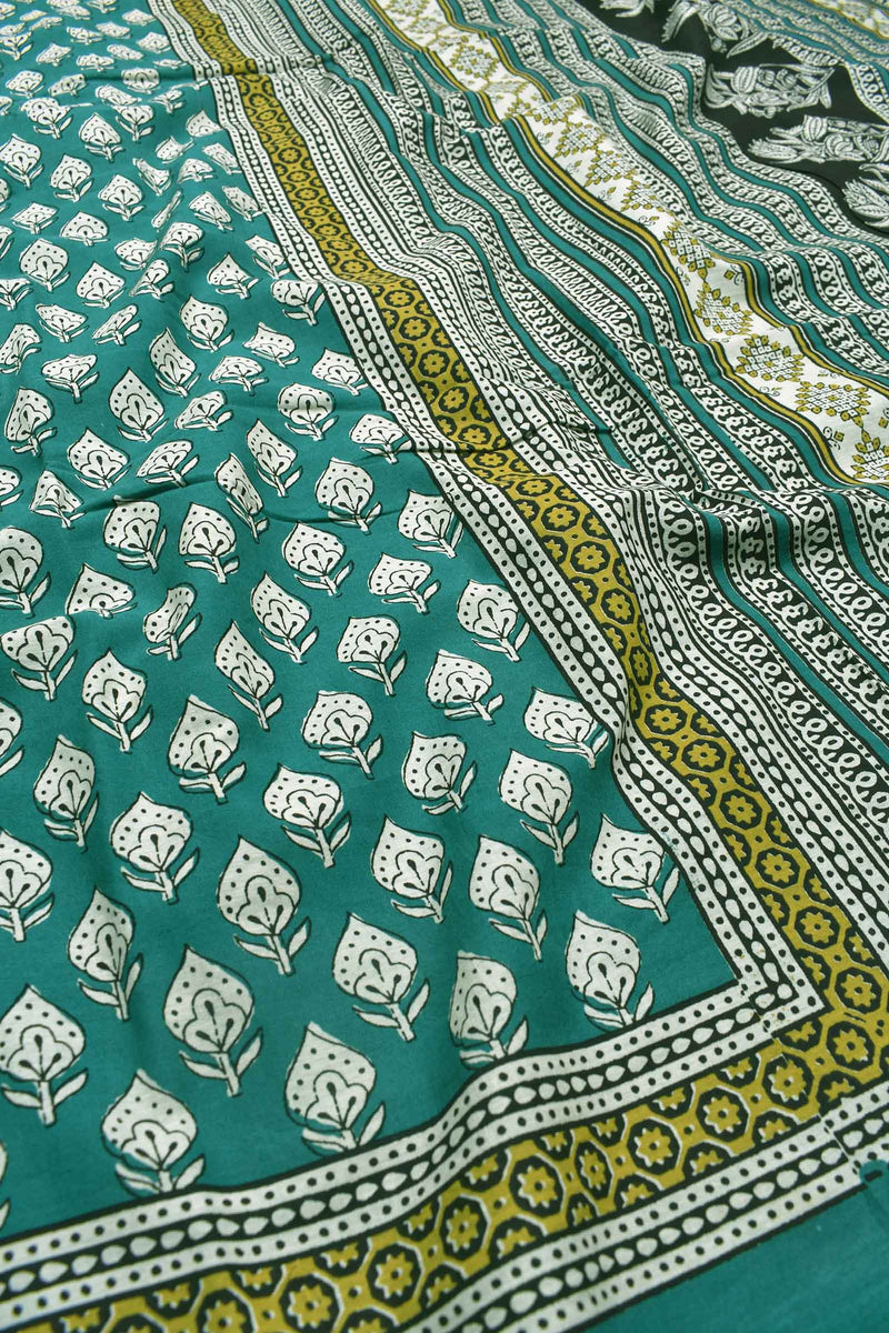 Green Pure Jaipur Cotton All Over Leaves Hand Block Print Flowers Pallu Saree