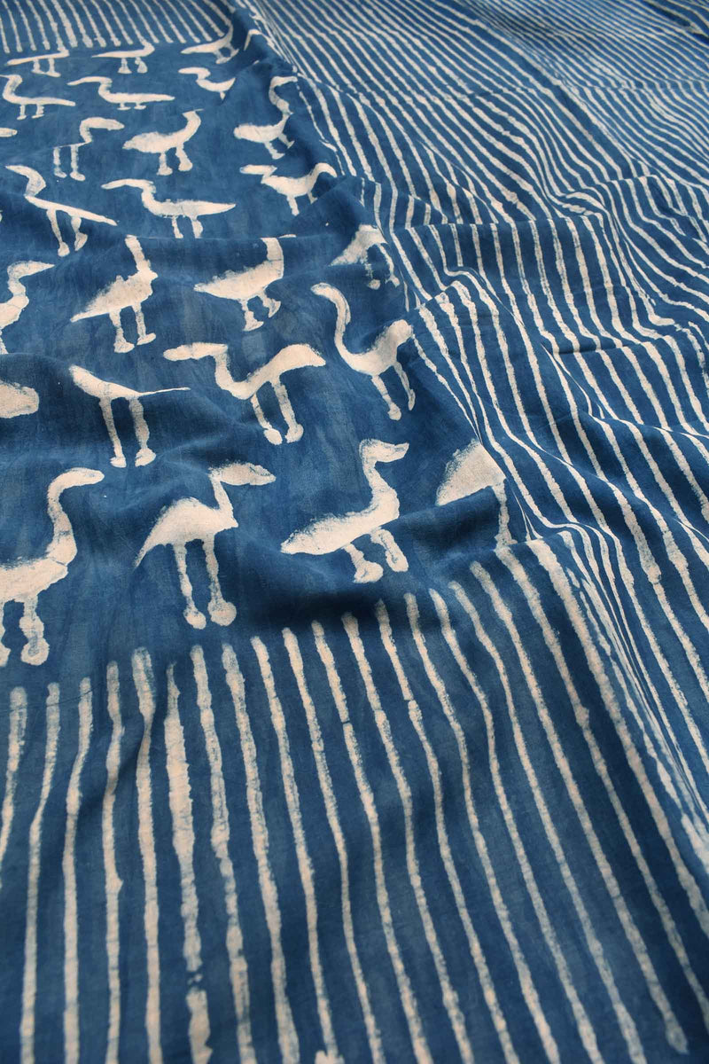 Fern Blue Jaipur Cotton Hand Block Printed White Flamingos Saree