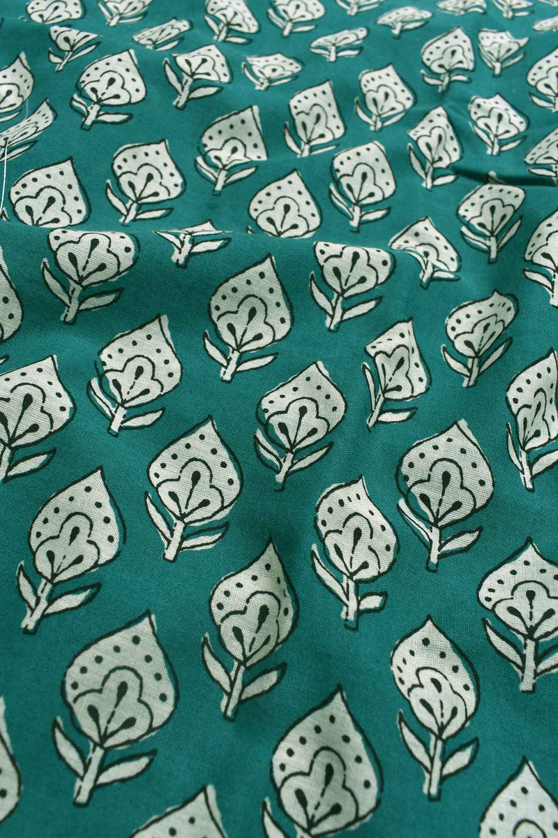 Green Pure Jaipur Cotton All Over Leaves Hand Block Print Flowers Pallu Saree