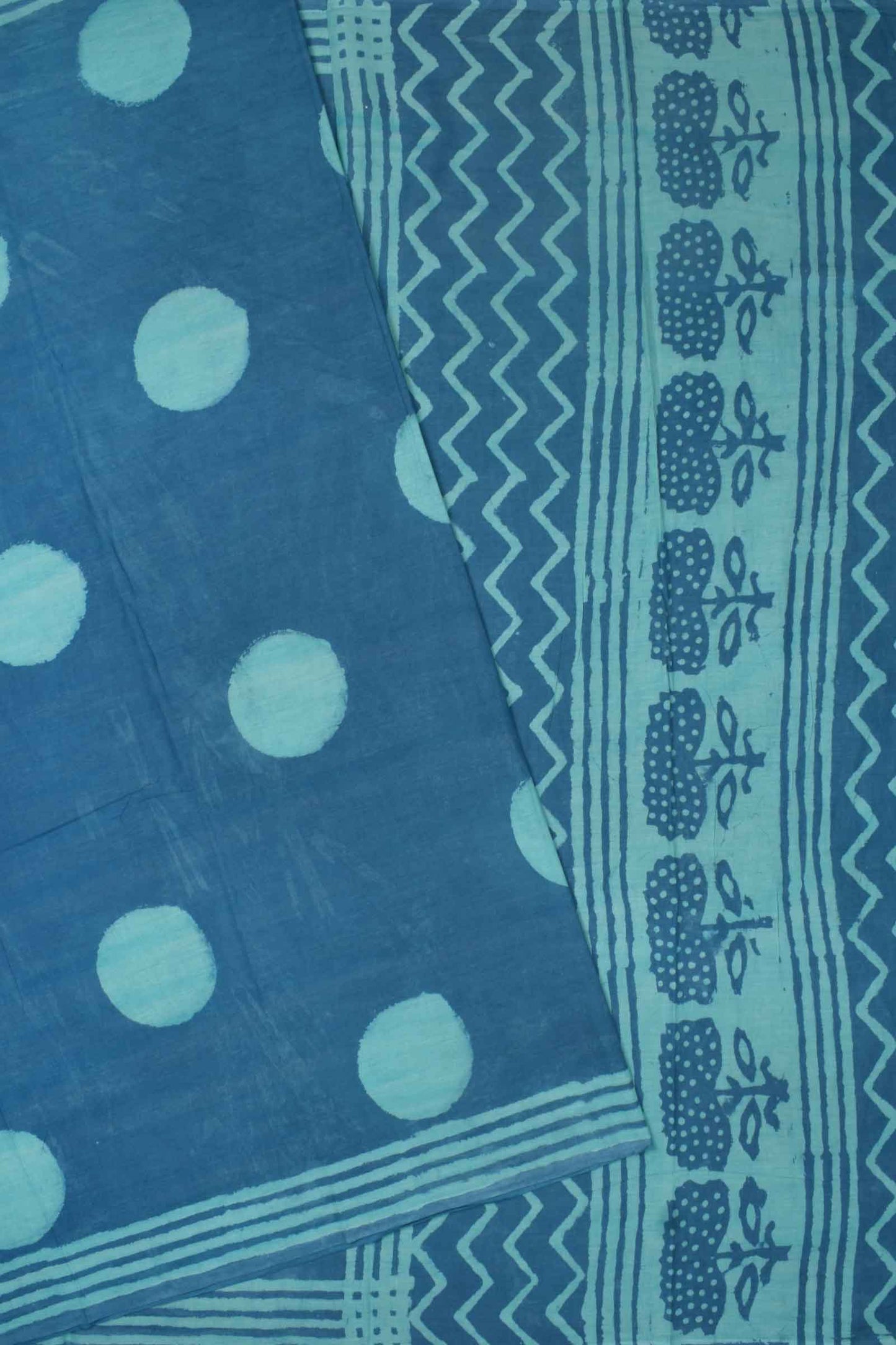 Blue Jaipur Cotton Hand Block Polka Dots Tree Pallu Saree