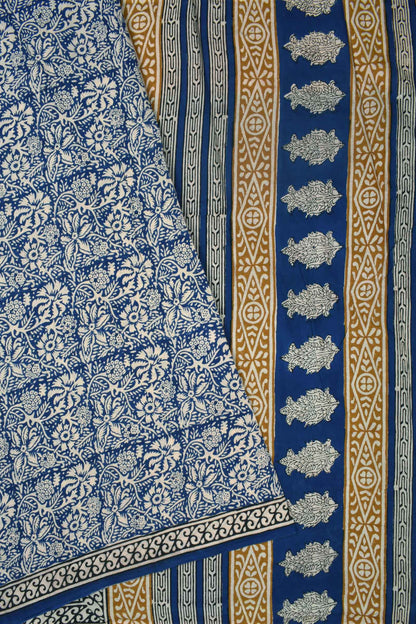 Blue Pure Jaipur Cotton All Over Flowers Hand Block Printed Saree