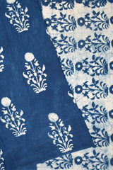 Indigo Blue With White Pure Jaipur Cotton Hand Block Flowers Printed  Saree