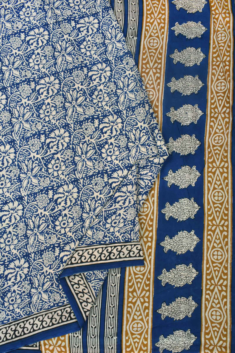 Blue Pure Jaipur Cotton All Over Flowers Hand Block Printed Saree