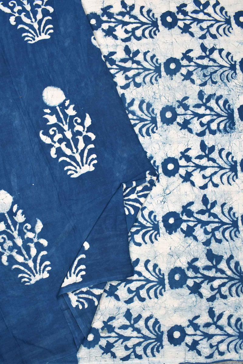 Indigo Blue With White Pure Jaipur Cotton Hand Block Flowers Printed  Saree