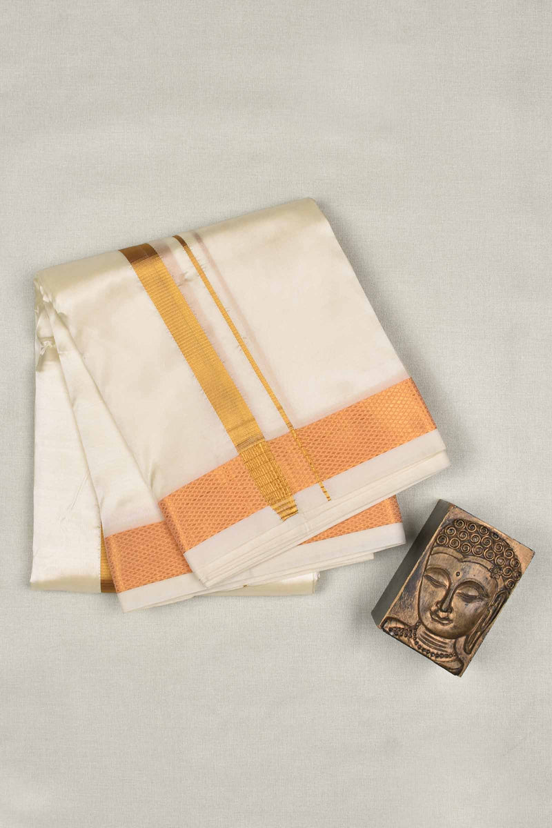 Cream Art Silk with Tradtional Gold Border Mens Dhoti