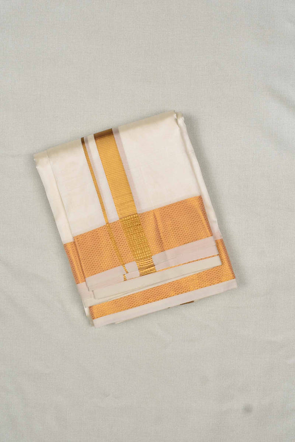 Cream Art Silk Traditonal Gold Border Mens Dhoti