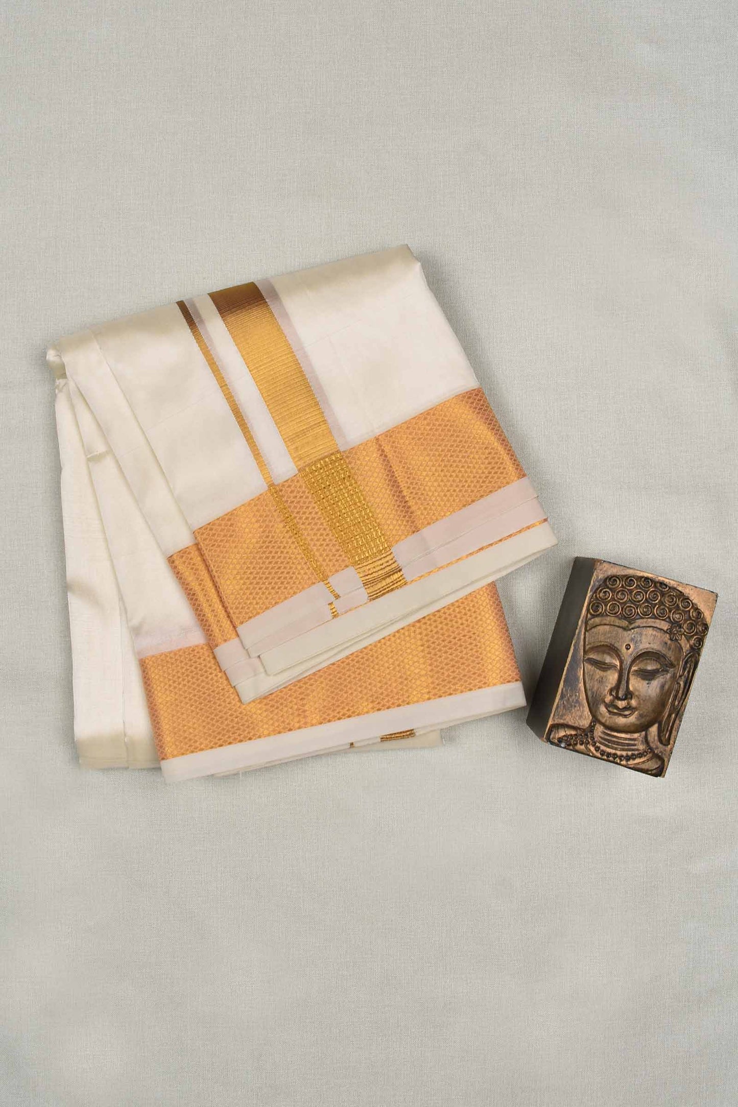 Cream Art Silk Traditonal Gold Border Mens Dhoti