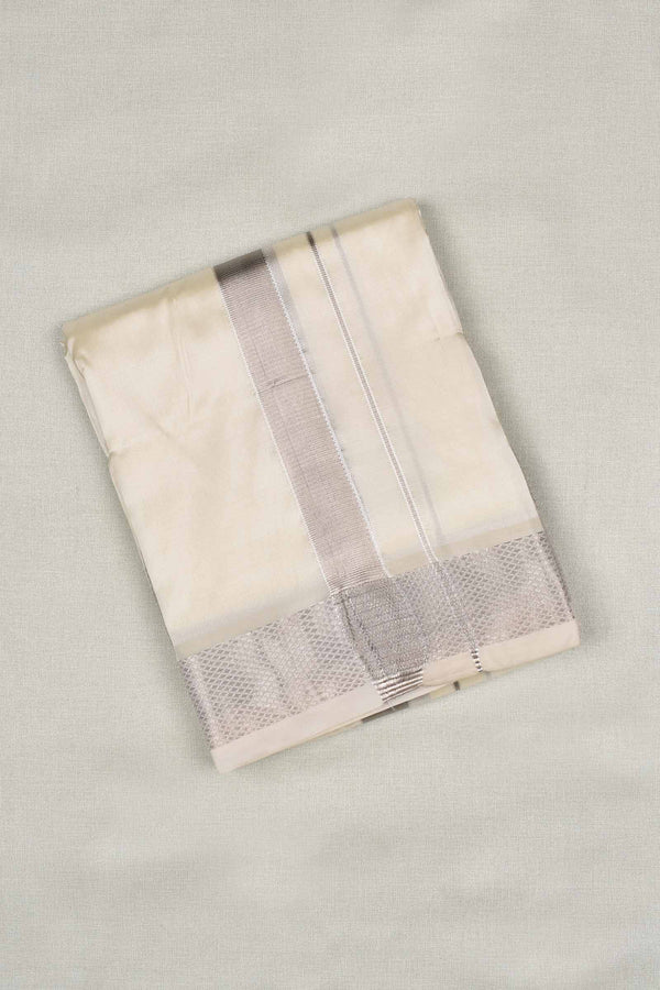 White Art Silk with Traditional Silver Border Mens Dhoti