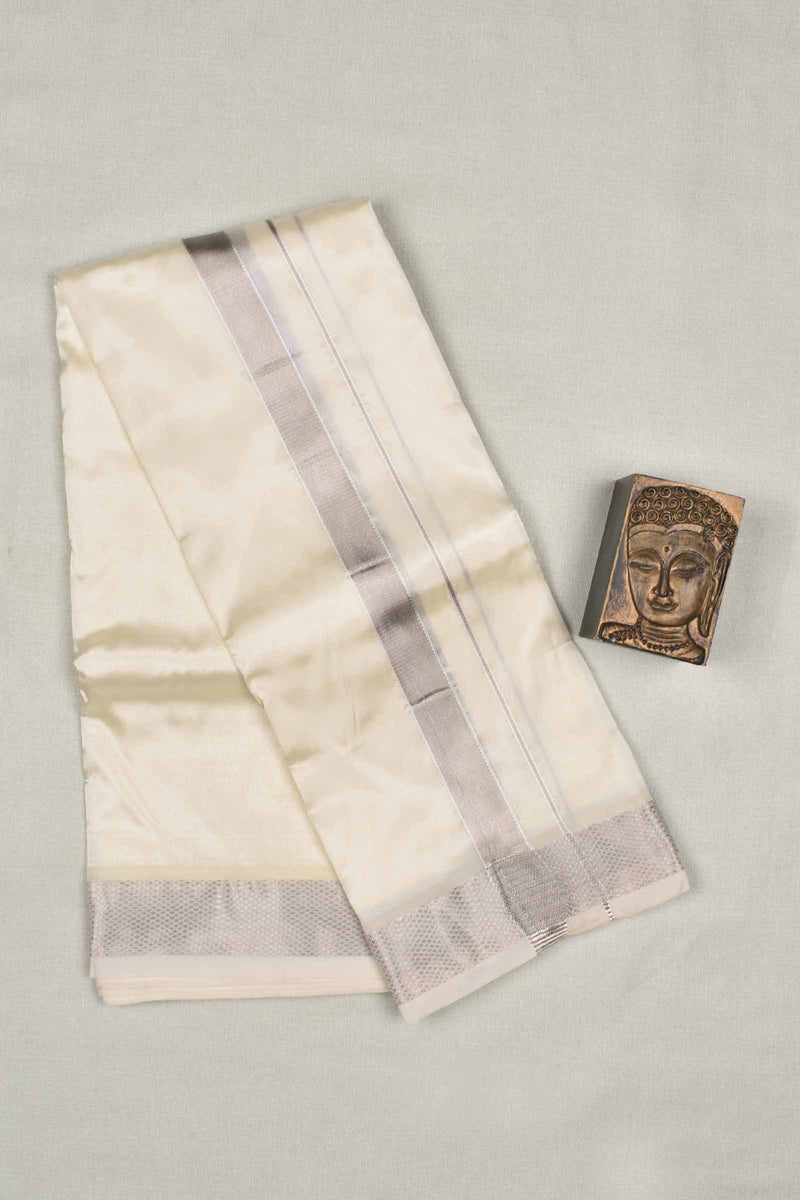 White Art Silk with Traditional Silver Border Mens Dhoti