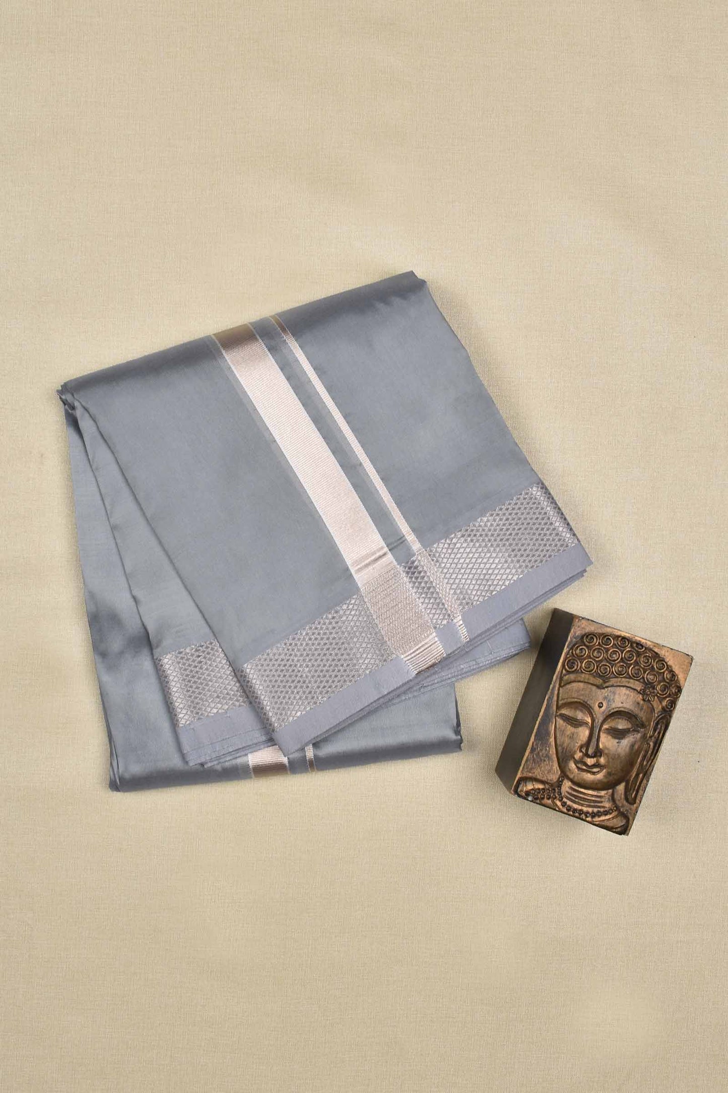 Grey Art Silk Traditonal Silver Border Mens Dhoti