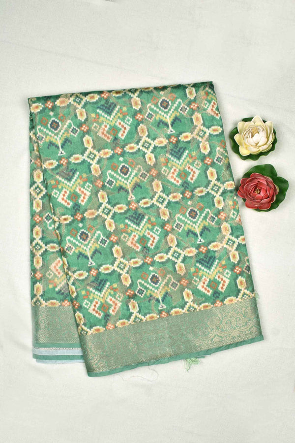 Green Semi Tussar Pochampalli Tiles Print with Printed Blouse Saree