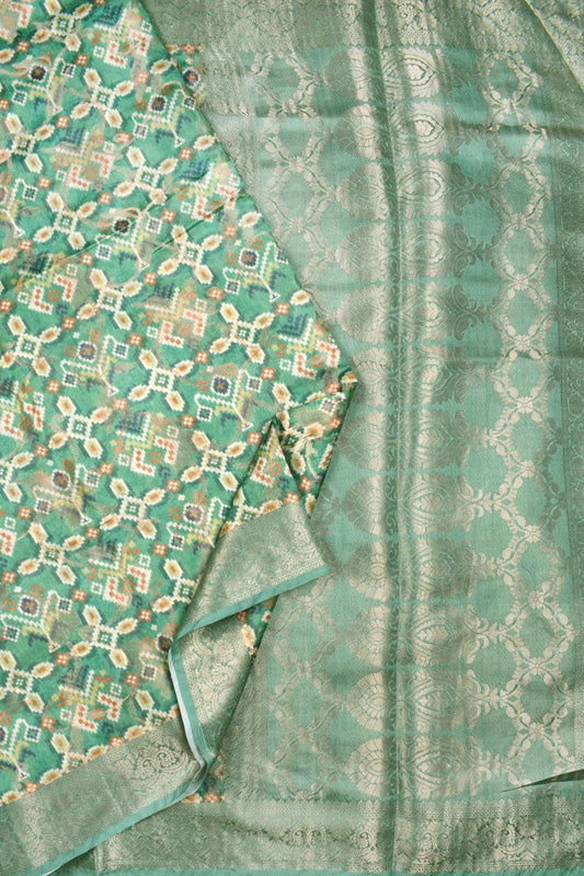 Green Semi Tussar Pochampalli Tiles Print with Printed Blouse Saree