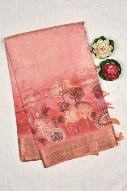 Peach Semi Slub Tussar Fancy Floral Printed Saree