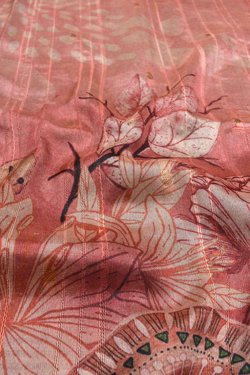 Peach Semi Slub Tussar Fancy Floral Printed Saree