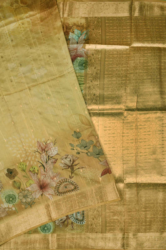 Pastel Olive Semi Slub Tussar Fancy Floral Printed Saree