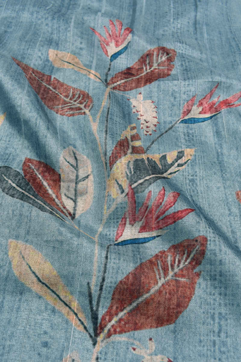 Light Blue Kotha Cotton Autumn Leaves Digital Print Saree