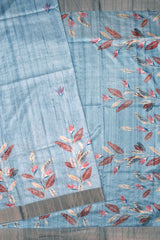 Light Blue Kotha Cotton Autumn Leaves Digital Print Saree