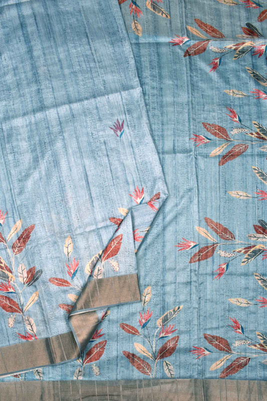 Light Blue Kotha Cotton Autumn Leaves Digital Print Saree