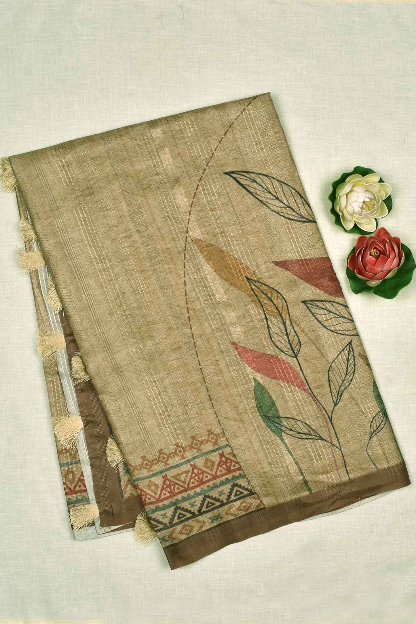 Light Brown Semi Slub Tussar Fancy Floral Print Saree