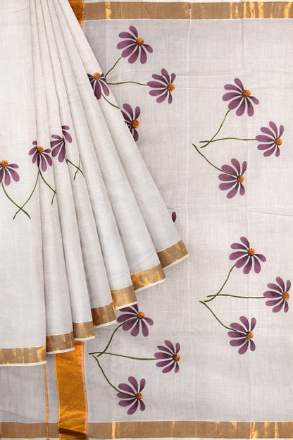 White Kerala Cotton Painted Florals Saree