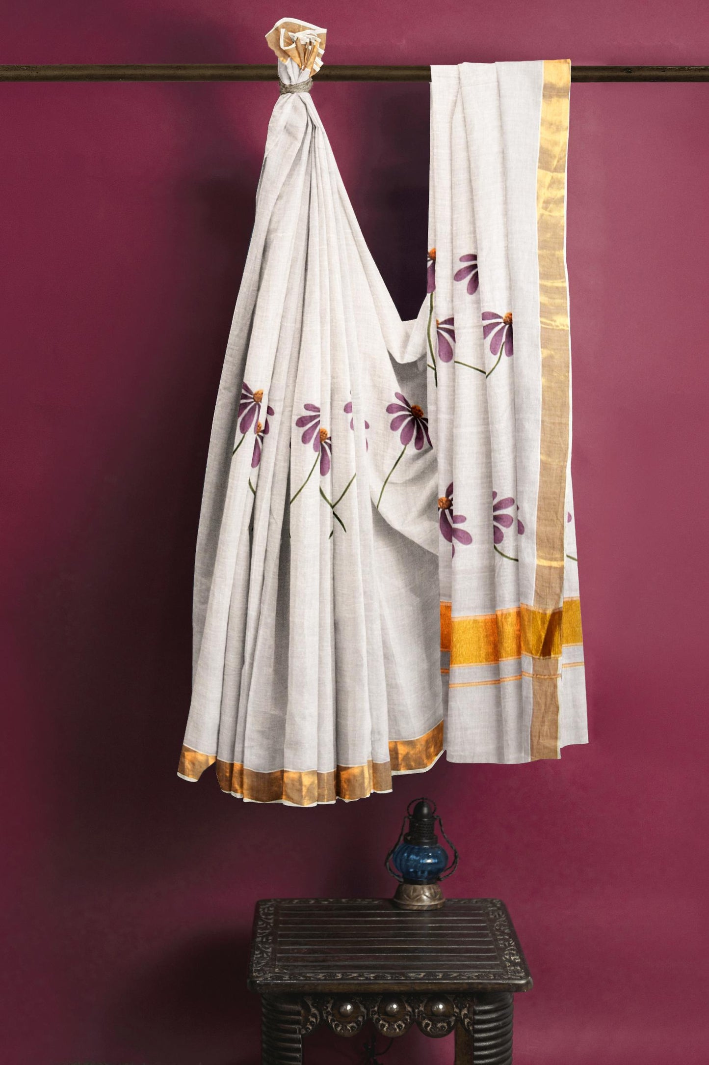 White Kerala Cotton Painted Florals Saree