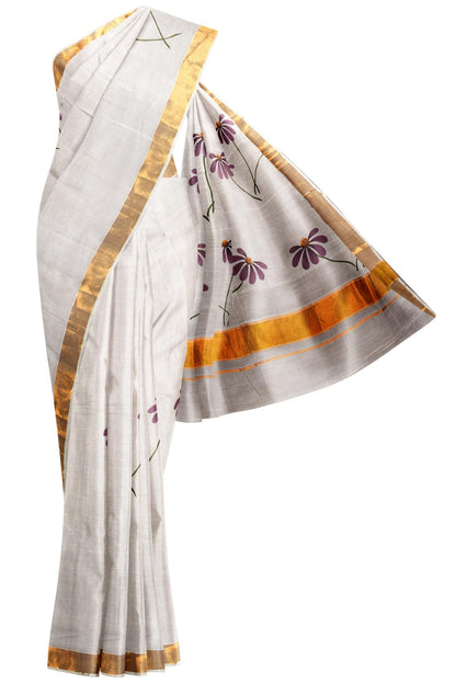 White Kerala Cotton Painted Florals Saree