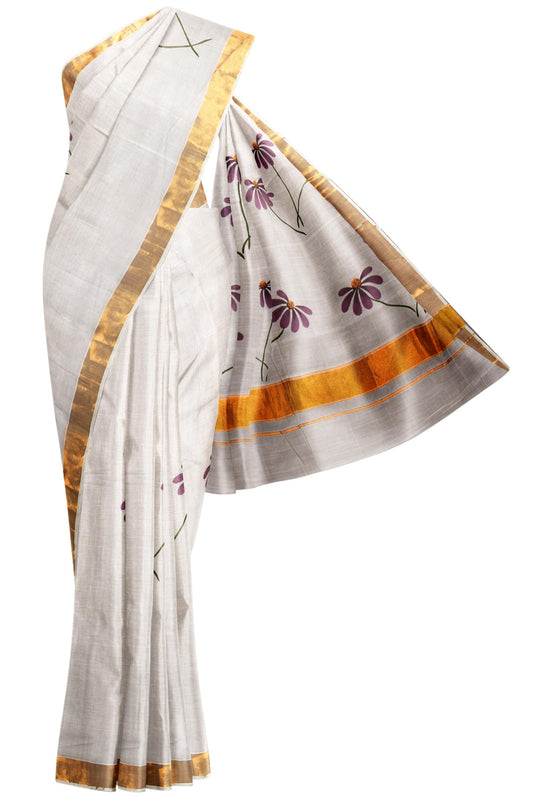 White Kerala Cotton Painted Florals Saree